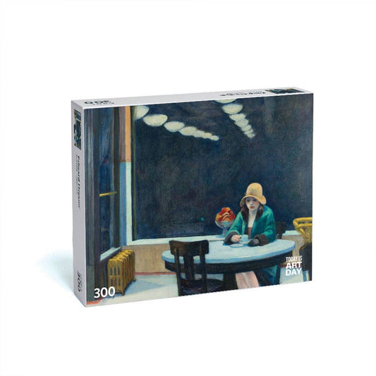 300-piece Automat puzzle depicting a woman alone in a diner, inspired by Edward Hopper’s American realism.