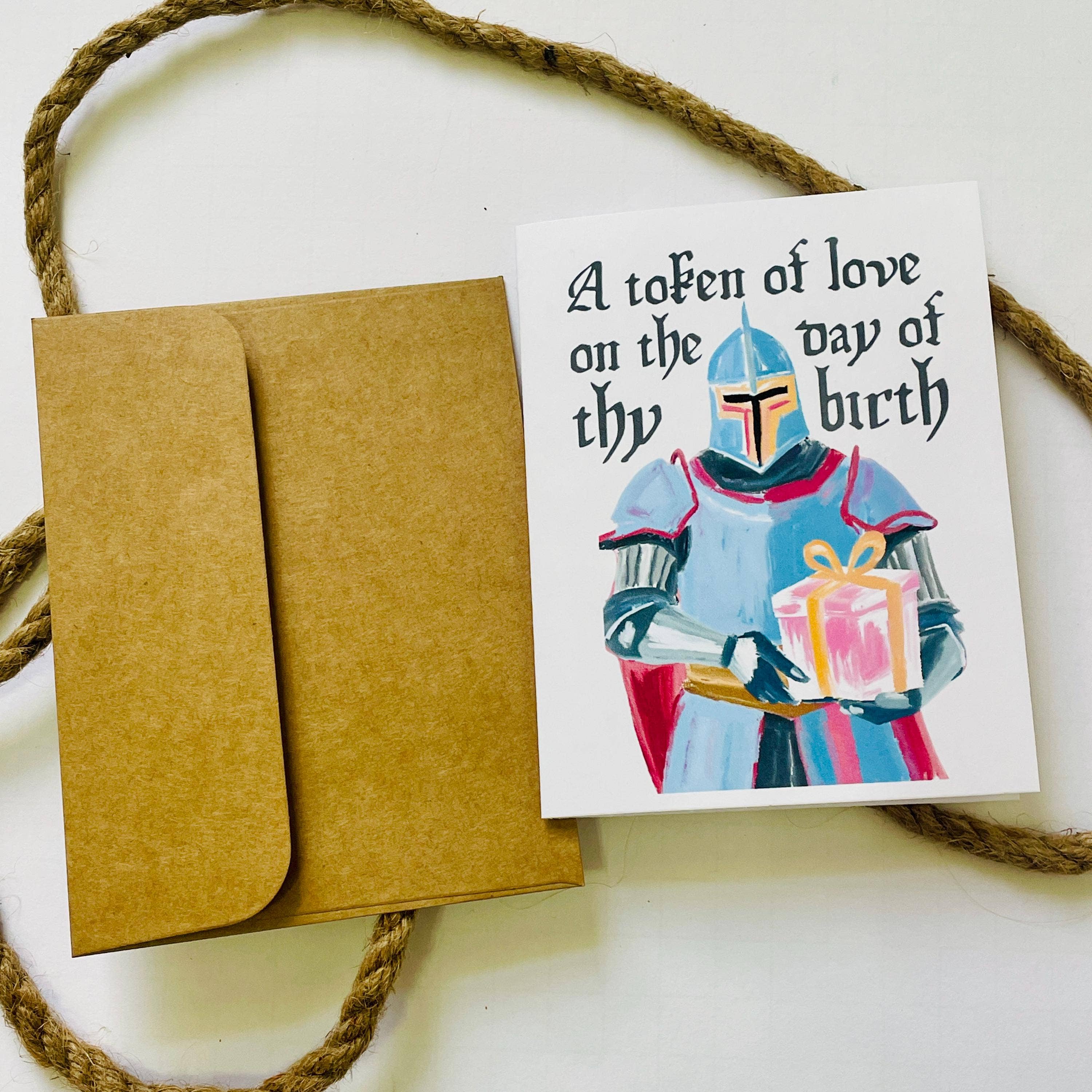 Medieval & Renaissance Role-Playing Birthday Card with knight and greeting, includes kraft envelope.