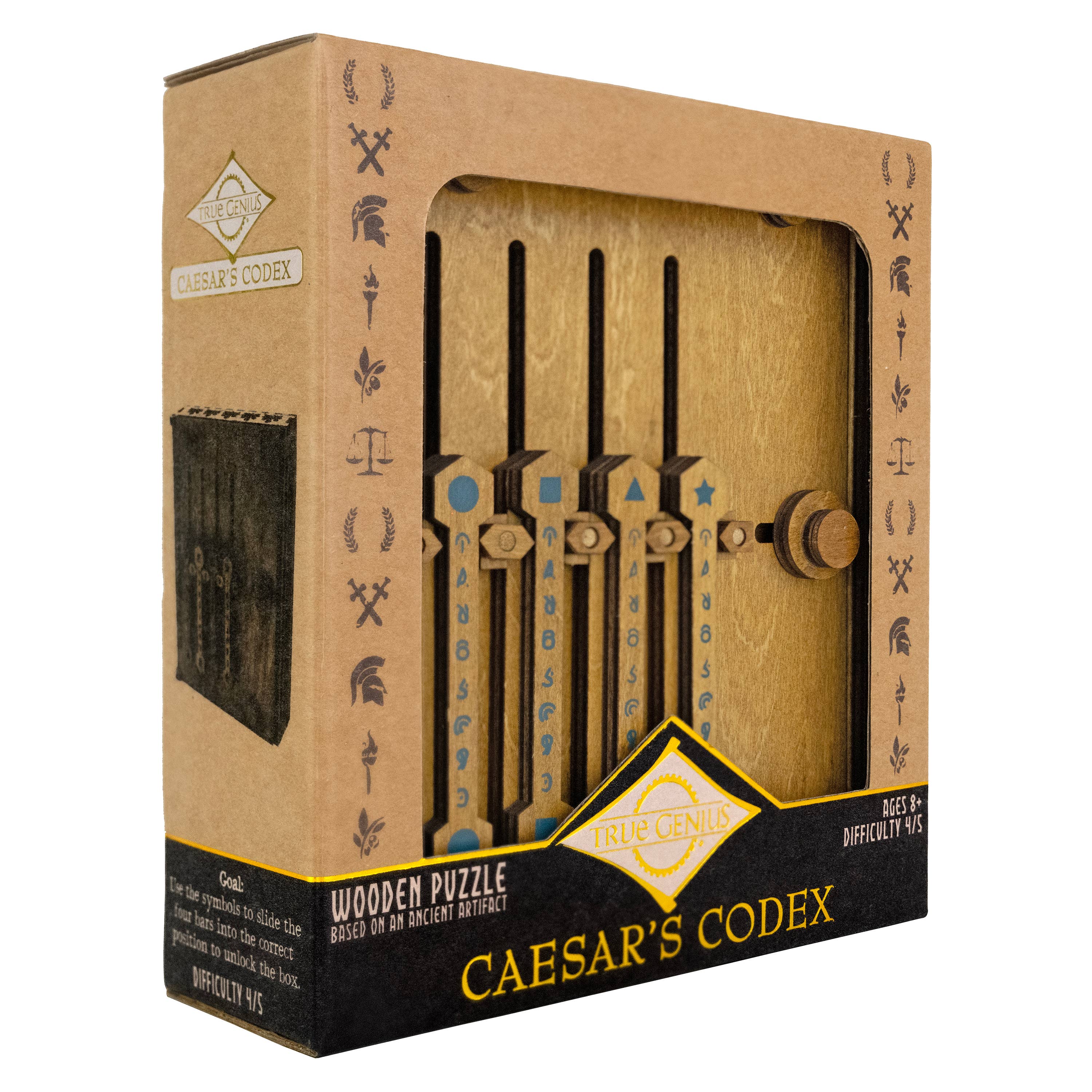 True Genius Caesars Codex Secret Puzzle Box, wood, features secret symbols and ancient Roman book-binding design.