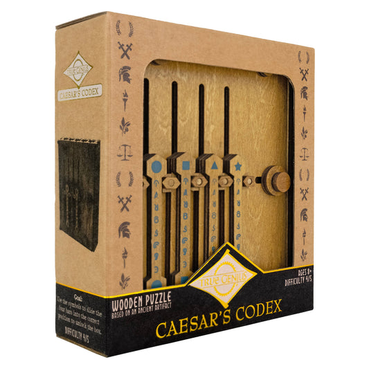 True Genius Caesars Codex Secret Puzzle Box, wood, features secret symbols and ancient Roman book-binding design.