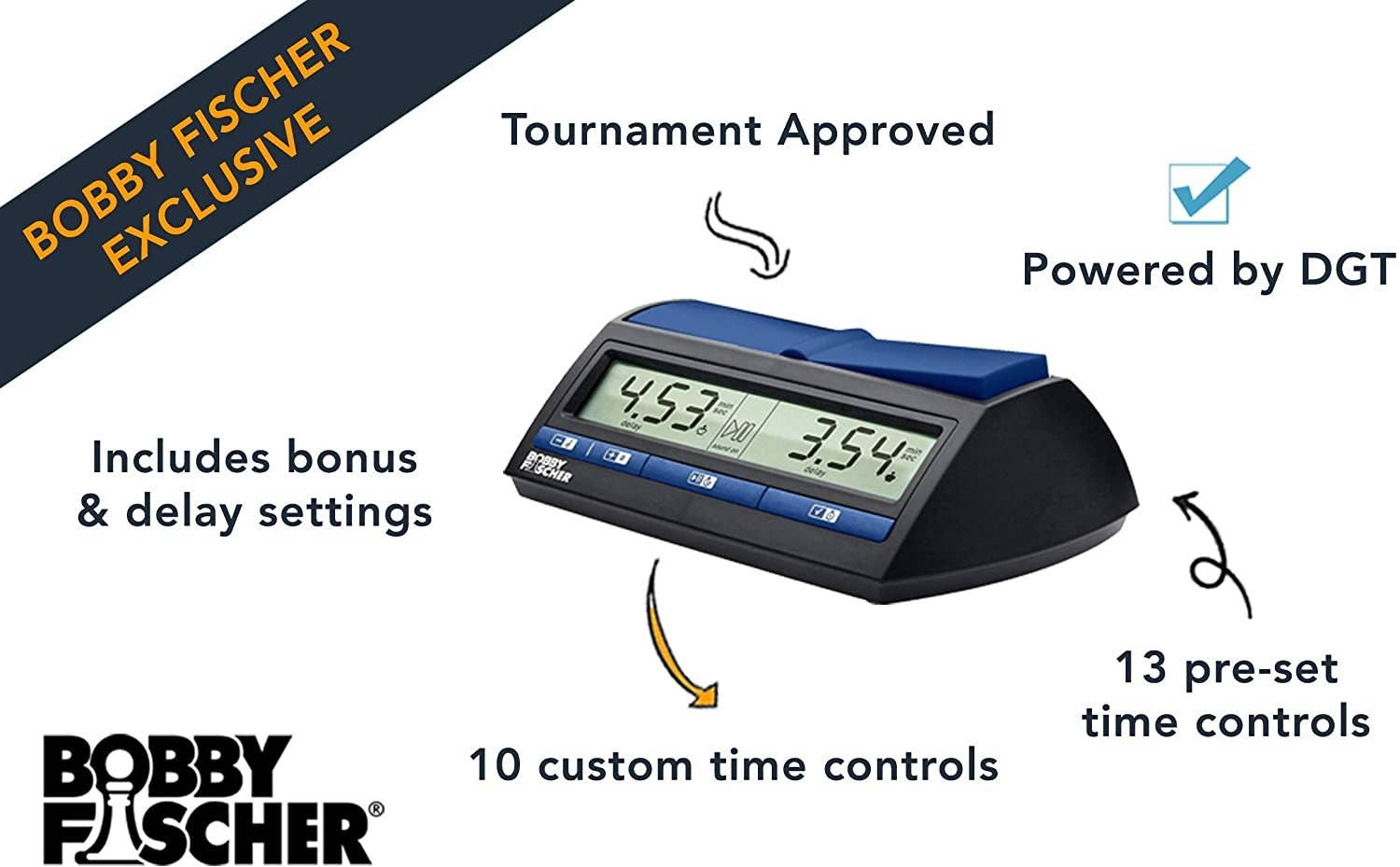 Bobby Fischer Digital Chess Clock/Timer by DGT with 10 controls, 13 presets, bonus and delay settings.