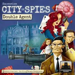City of Spies Double Agent board game box showing spies, a mansion, a machine gun, and spy network imagery.