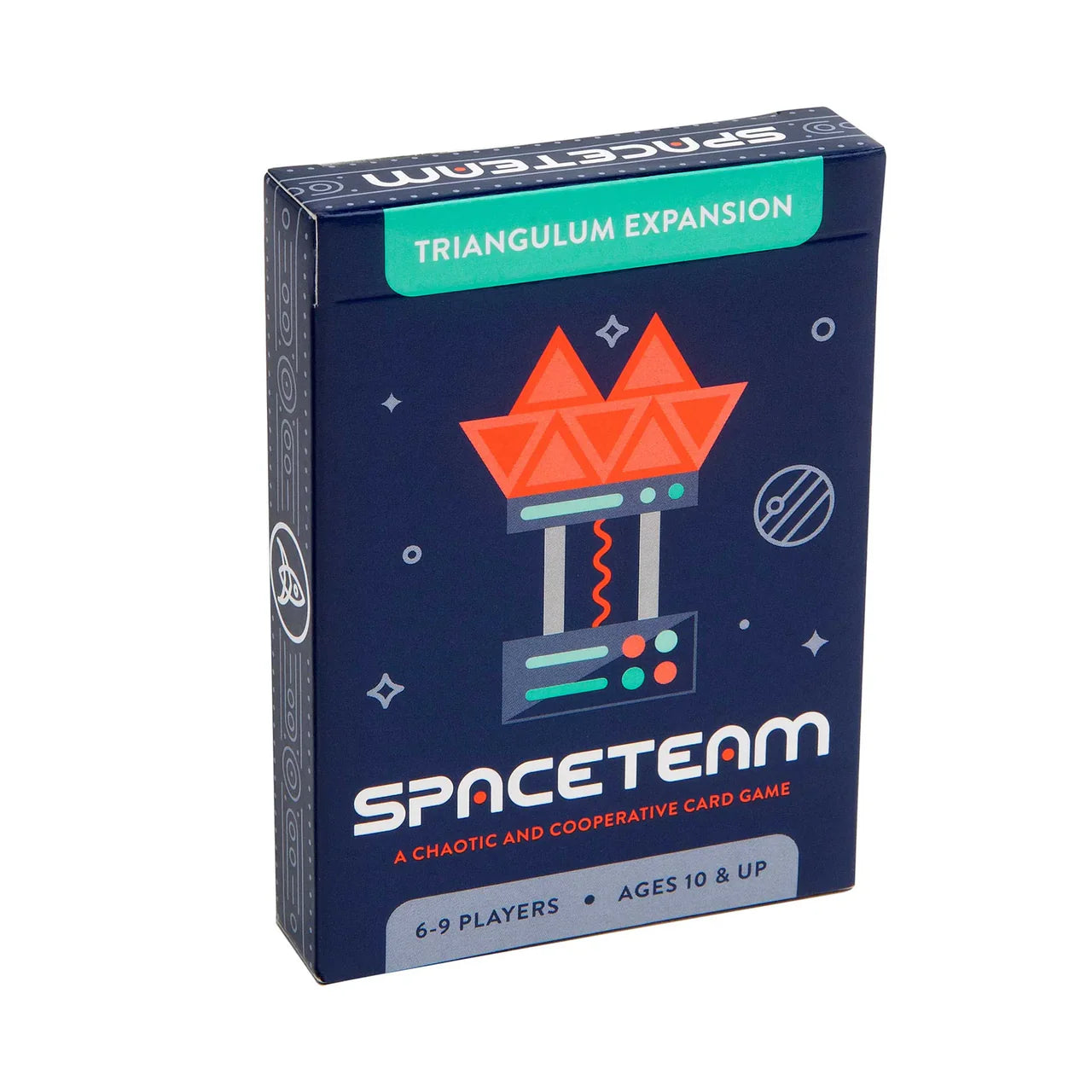 Spaceteam Triangulum Expansion, for 6–9 players ages 10+, adds geometric designs to the game.