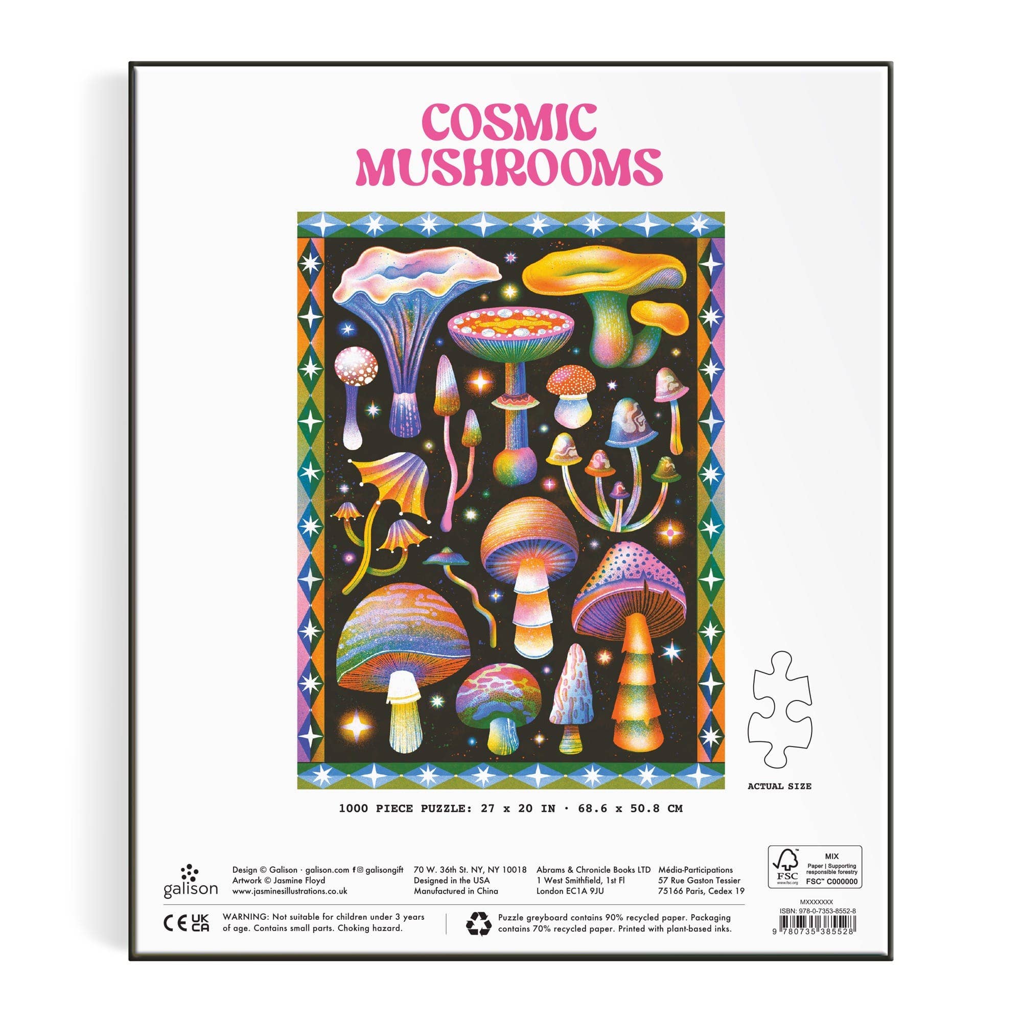 The Cosmic Mushrooms 1000 Piece Puzzle featuring colorful, psychedelic illustrations of cosmic mushrooms.