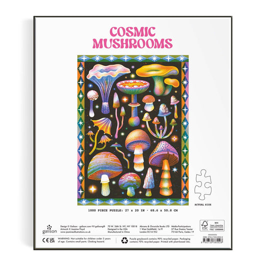 The Cosmic Mushrooms 1000 Piece Puzzle featuring colorful, psychedelic illustrations of cosmic mushrooms.