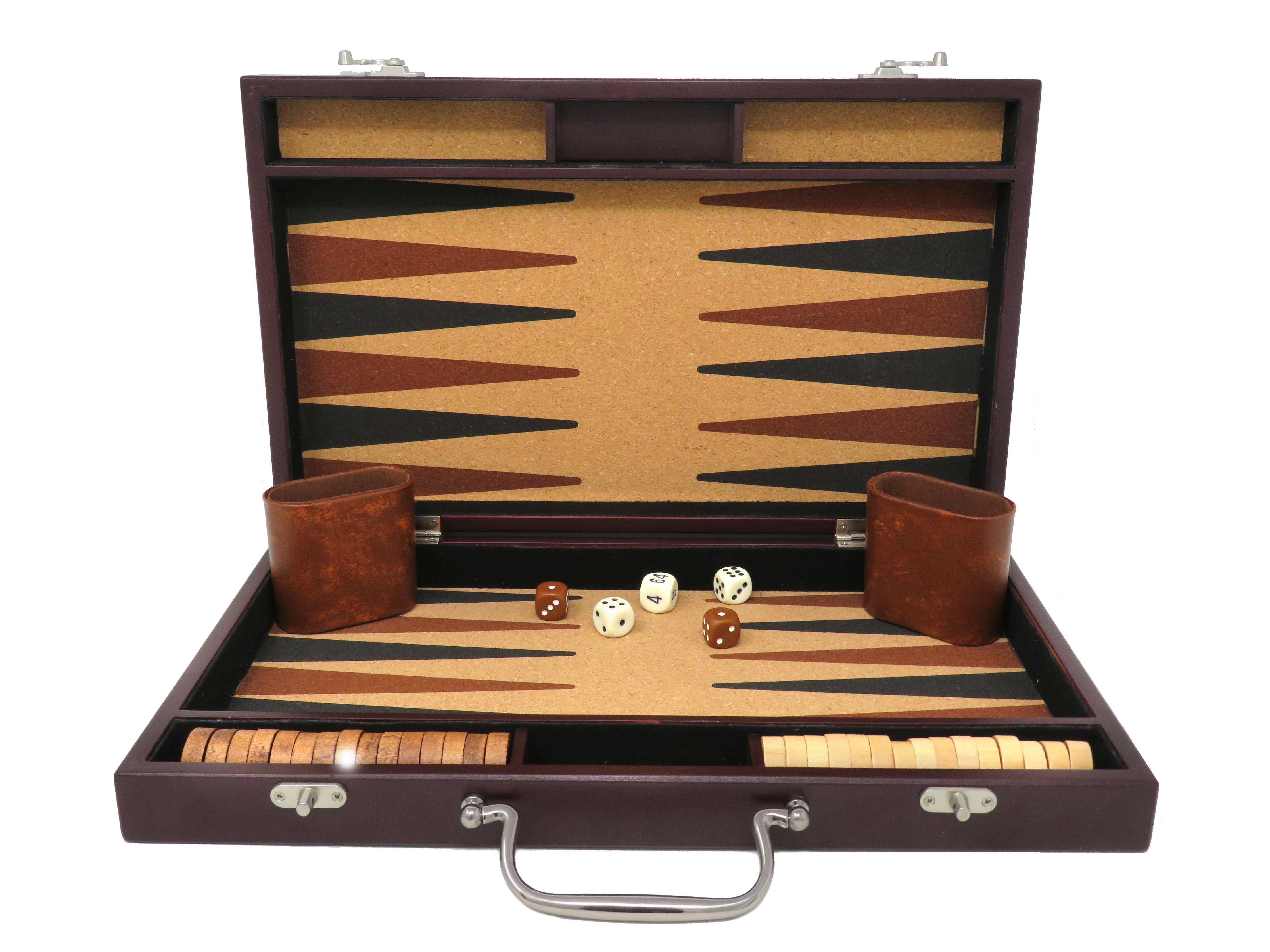 Cork Backgammon set with checkers, dice, wood cups, and brown carrying case.