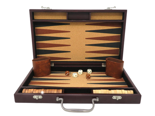 Cork Backgammon set with checkers, dice, wood cups, and brown carrying case.