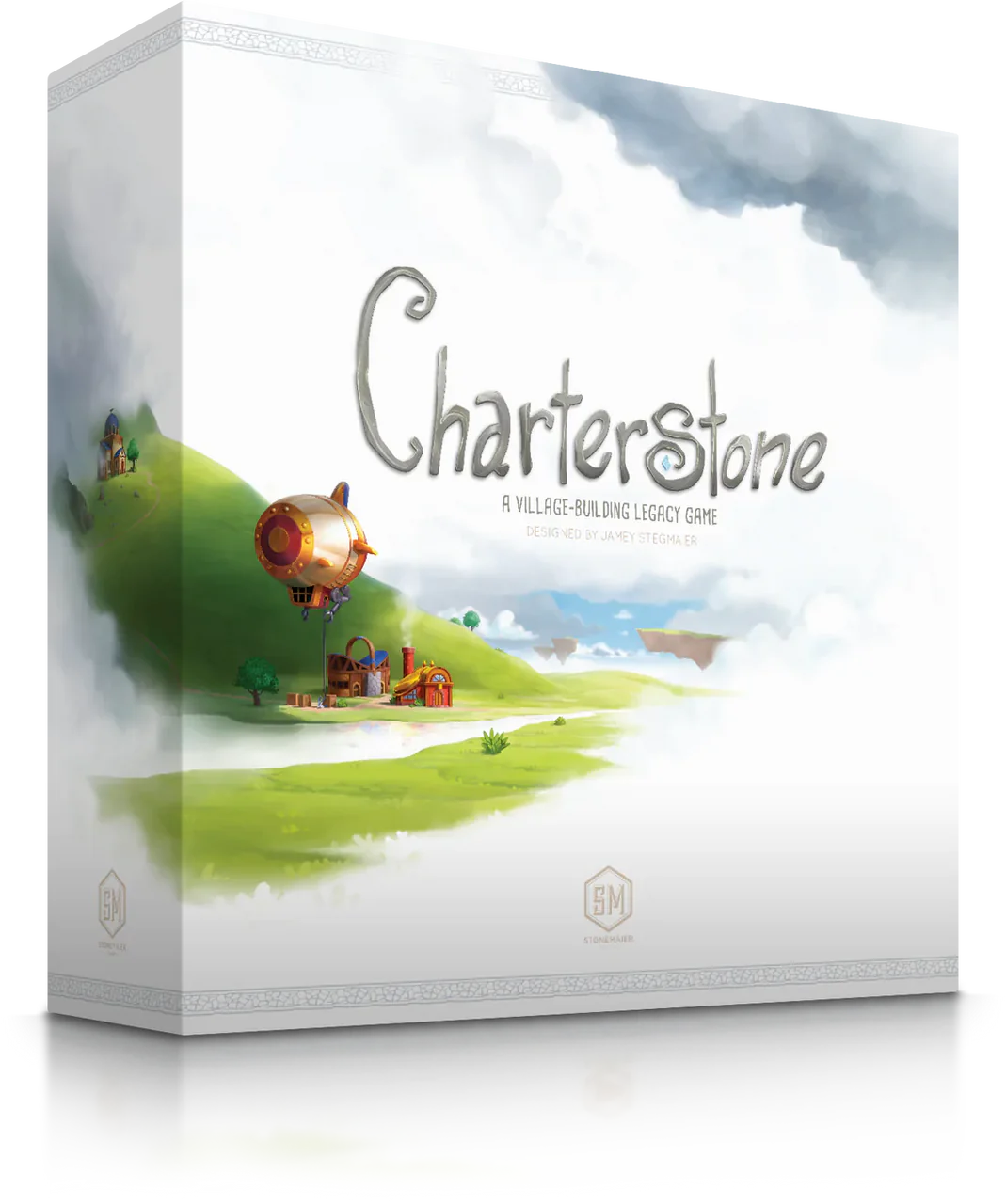 Charterstone board game box displaying airship, village, and hills artwork.