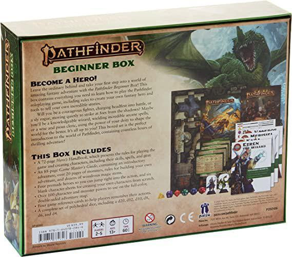 Back of Pathfinder RPG 2e Beginner Box showing adventure details and a green dragon illustration at the top.