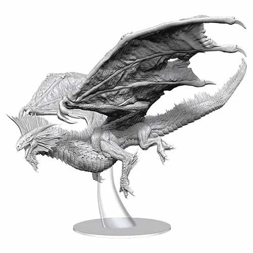 Adult Silver Dragon unpainted D&D miniature with large wings, shown mid-flight on a clear stand.