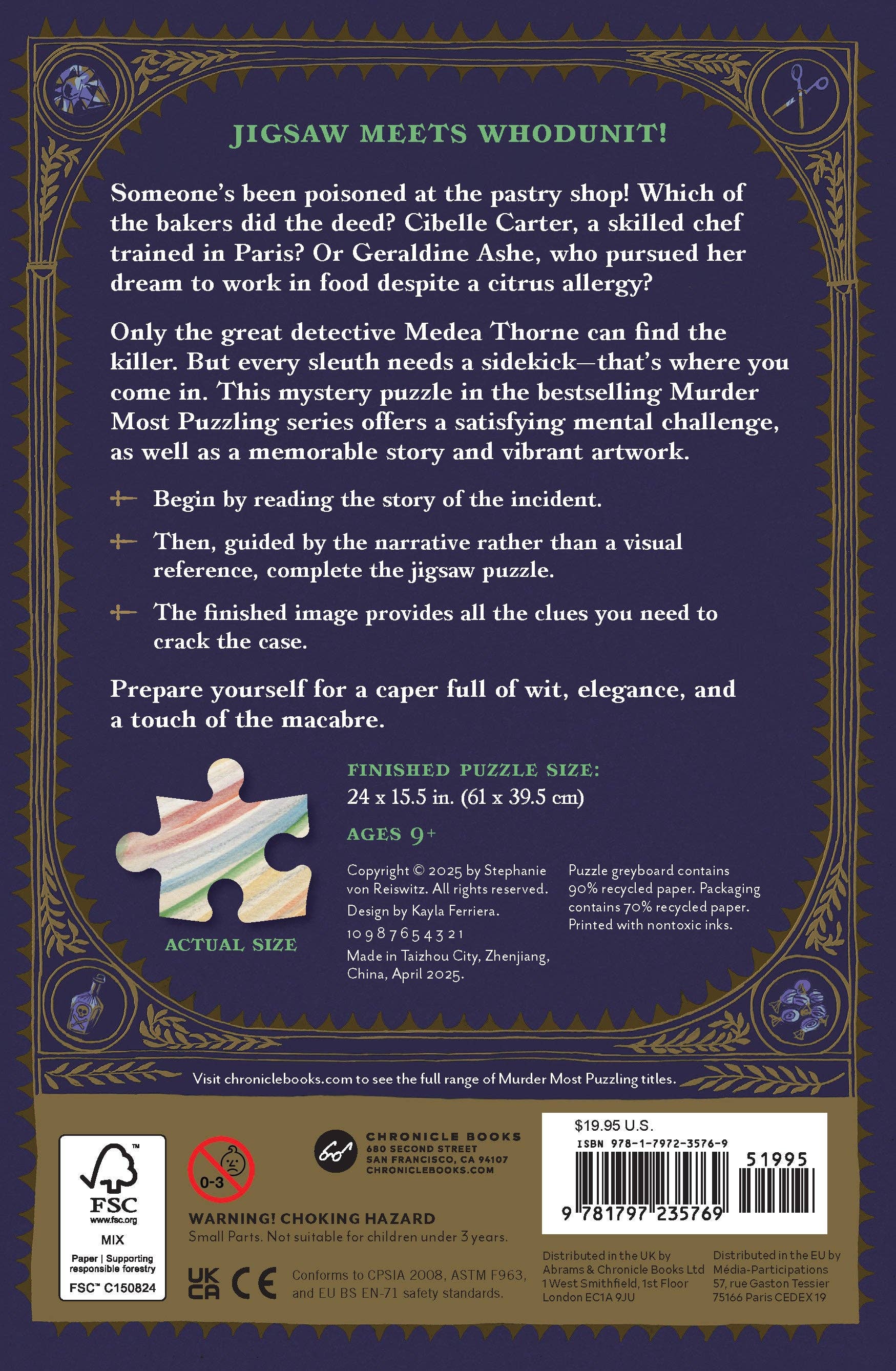 Back of Murder Most Puzzling: Poisoned Patisserie 500-piece puzzle box with story, details, and publisher info.
