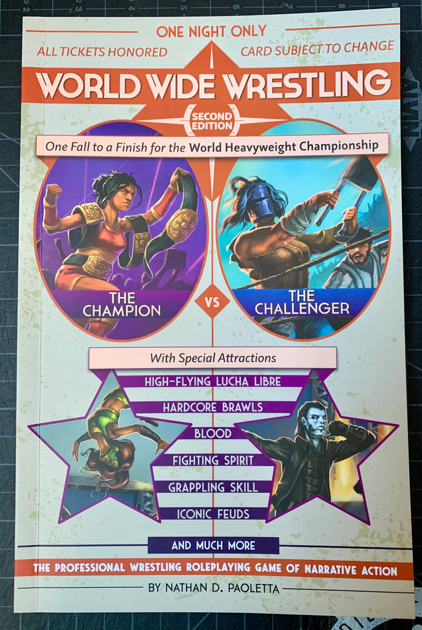 World Wide Wrestling Second Edition cover featuring two wrestlers and listing RPG match types.