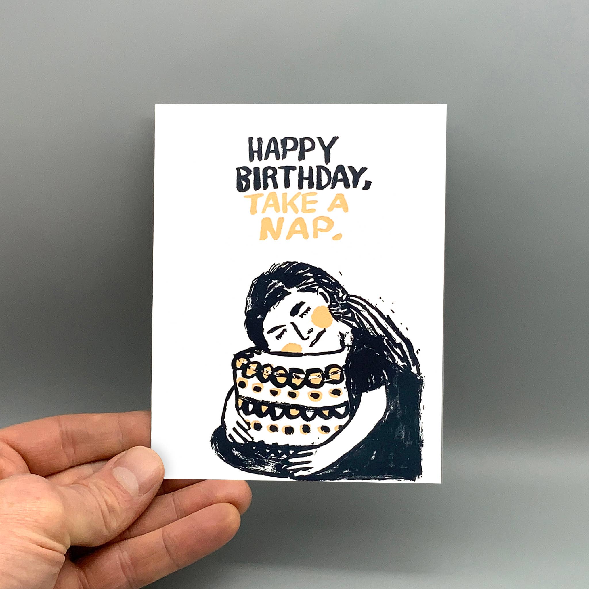 Birthday Nap Letterpress Card with Happy Birthday, Take a Nap text and person on cake; includes recycled kraft envelope.