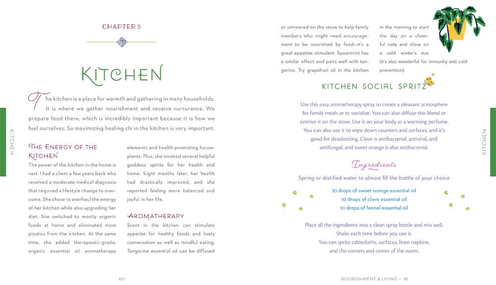 Healing Home book open to Chapter 5 Kitchen with a recipe and palm tree illustration.
