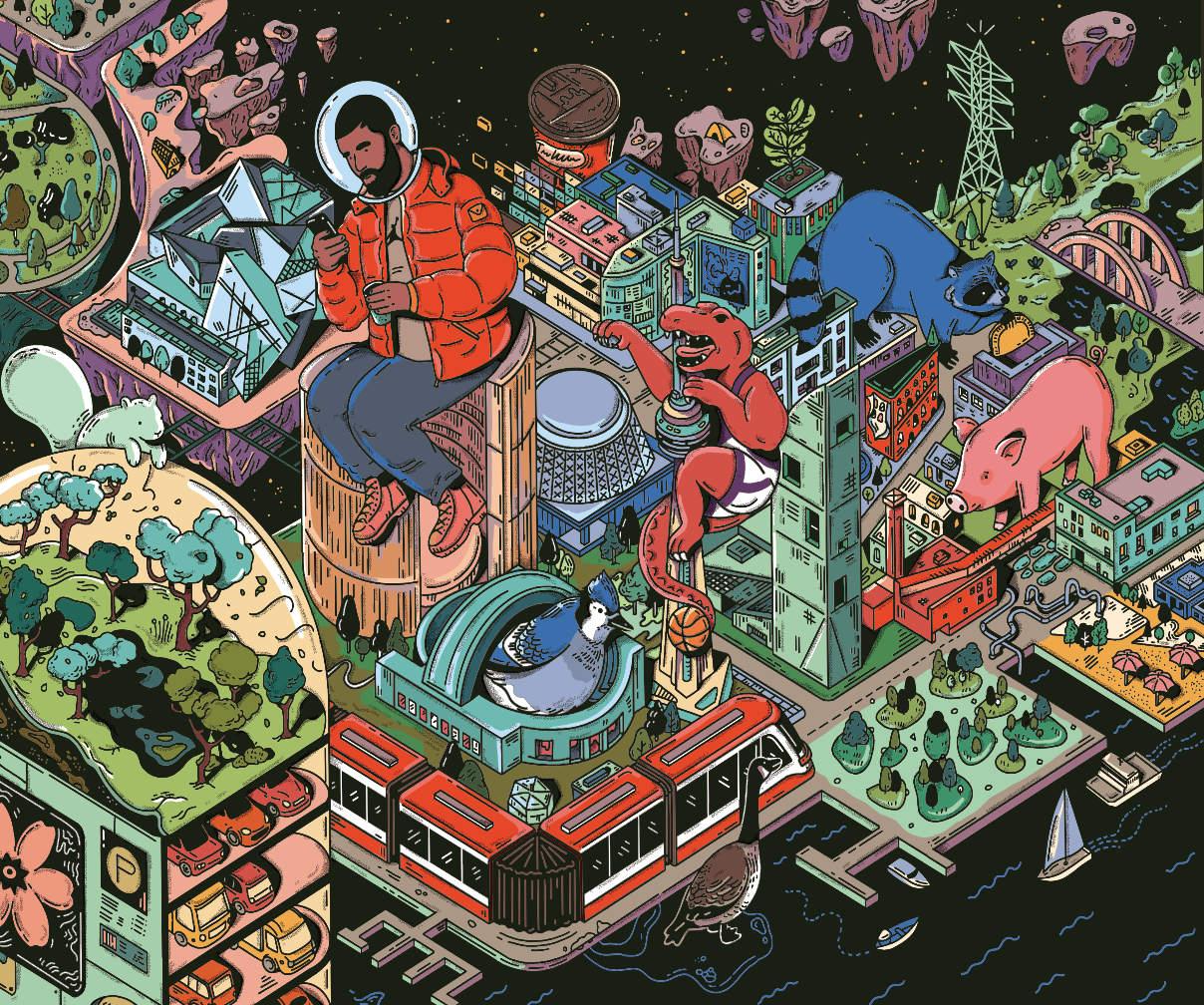 Space Jam Toronto 1000-piece puzzle featuring cartoon animals and astronaut. Art by Kathleen Fu.