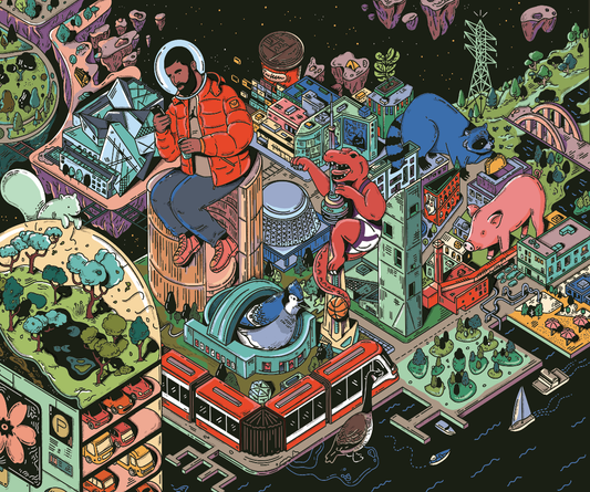 Space Jam Toronto 1000-piece puzzle featuring cartoon animals and astronaut. Art by Kathleen Fu.