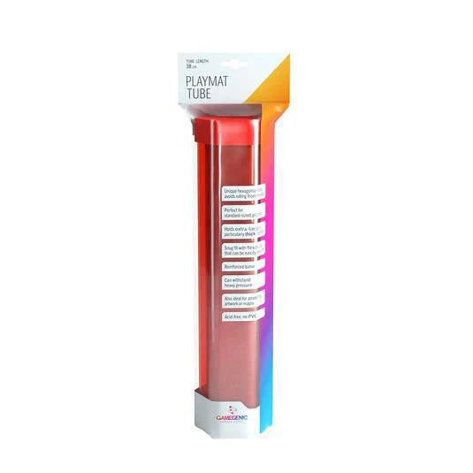 Red Playmat Tube, shock-resistant for storing and protecting playmats.