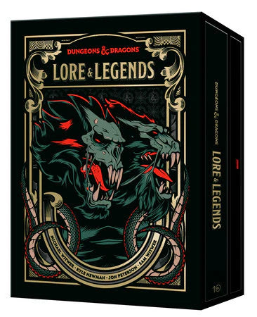 Special edition Lore & Legends box set with three-headed monster cover and illustrated D&D fifth edition guide.