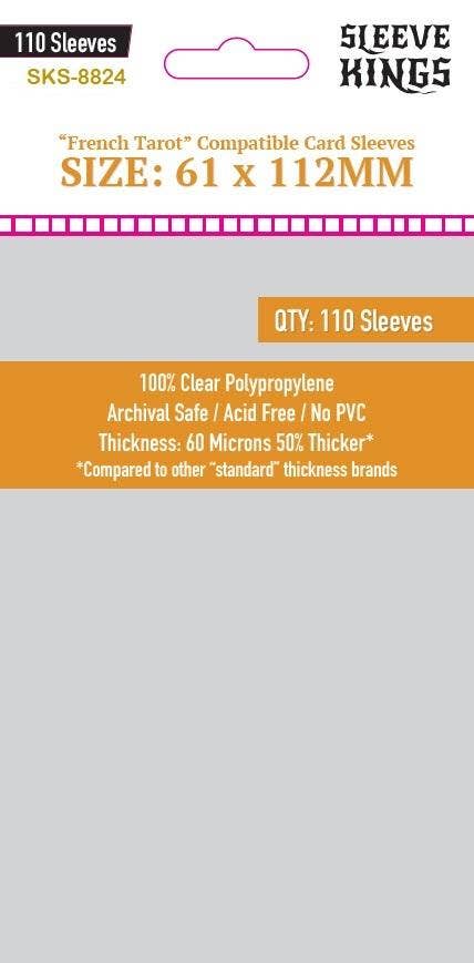 French Tarot card sleeves, 61x112mm, 60-micron clear polypropylene, archival safe, pack of 110.