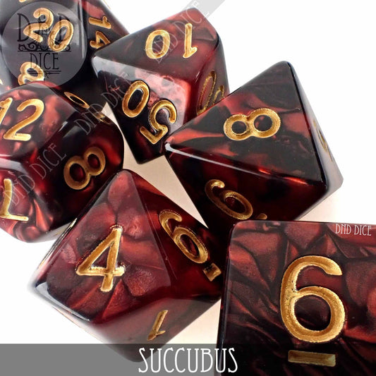 Succubus 7 or 11 deep red acrylic DND dice set with marbled pattern and gold numbers.