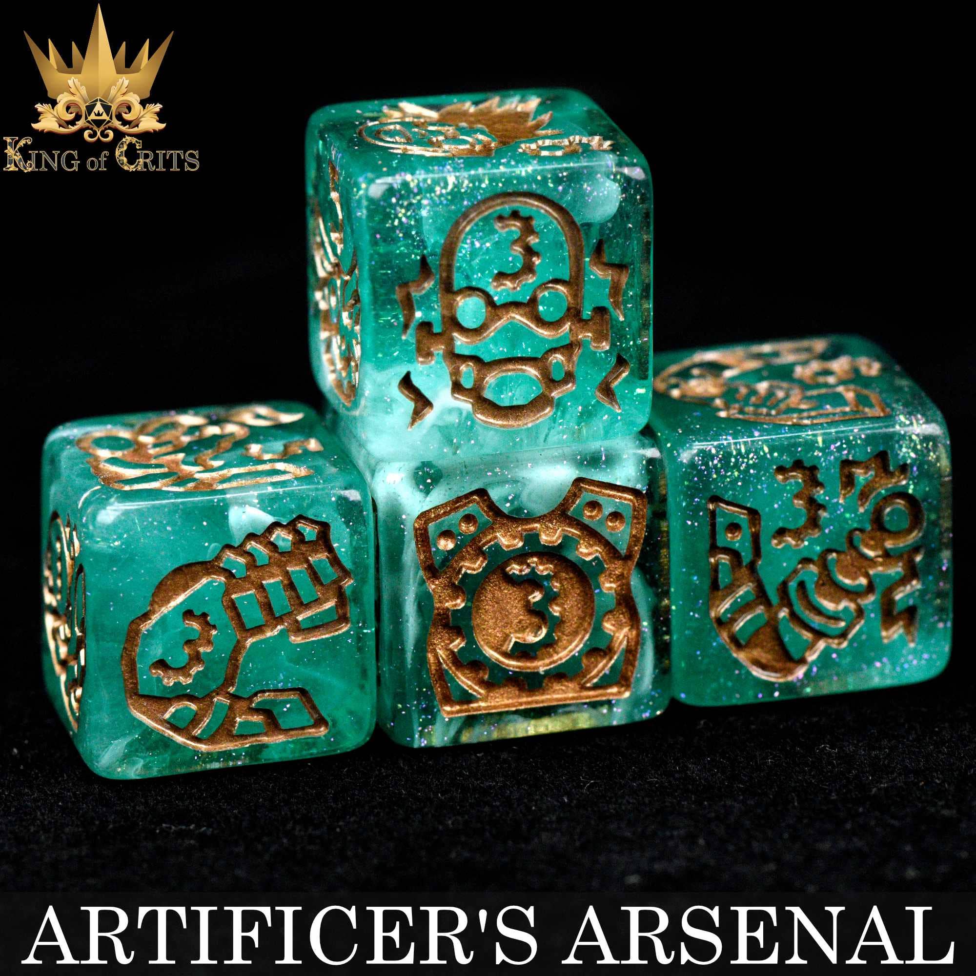 Artificers Arsenal 11 Dice Set, four green dice with gold designs shown stacked.