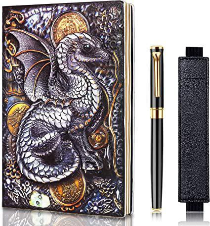 A5 PU Dragon Leather Notebook with gold-trimmed black pen and attached pen holder strap.
