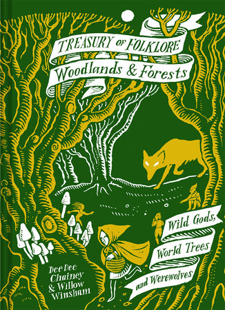 Treasury of Folklore: Woodlands and Forests book cover with a forest, fox, and girl in a hooded cloak.