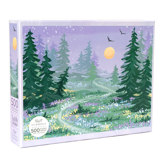 Twilight Garden 500 piece jigsaw puzzle featuring a moonlit forest, birds, pine trees, and wildflowers.