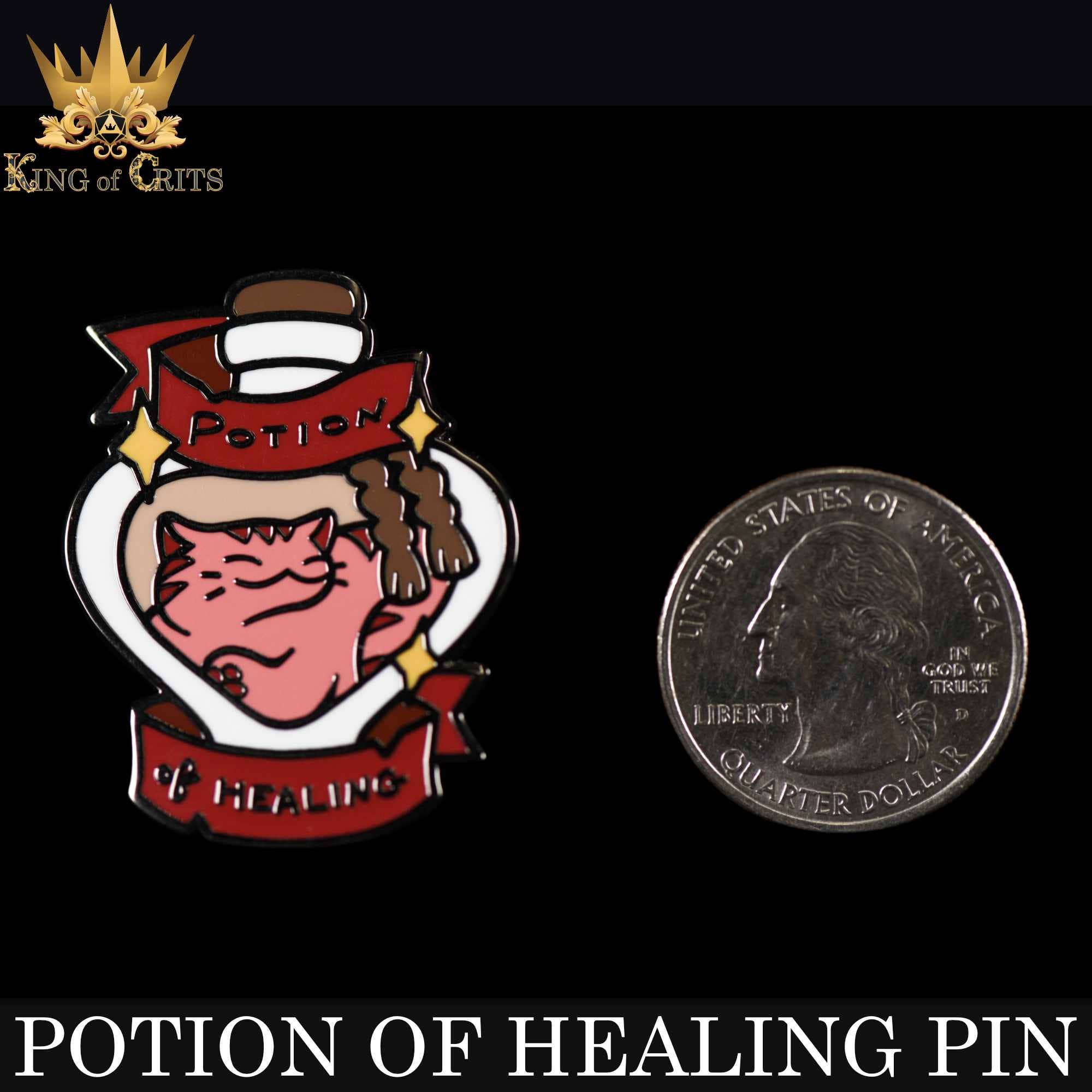 Potion of Healing enamel pin in the shape of a healing potion bottle next to a U.S. quarter for size reference.