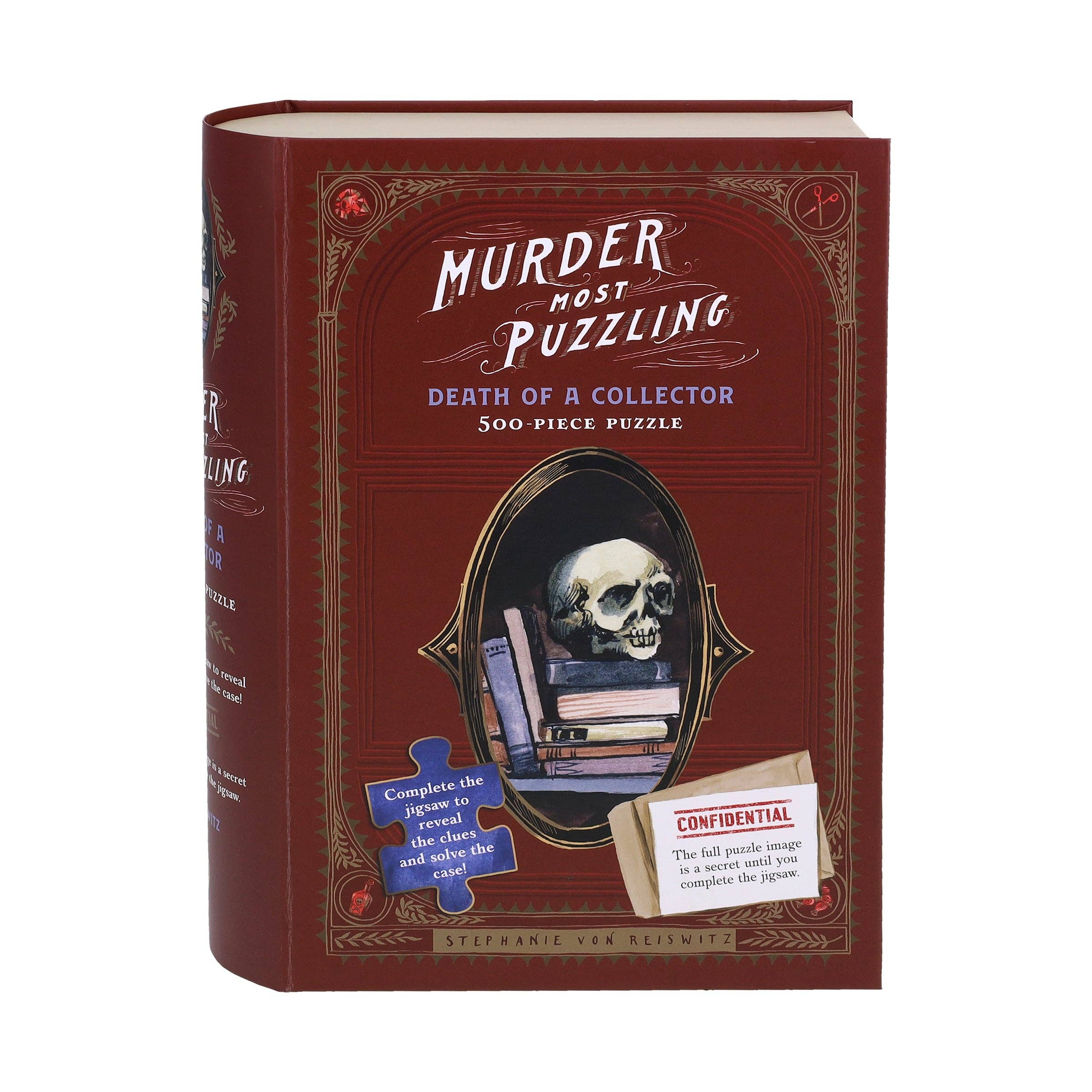 Murder Most Puzzling Death of a Collector 500-piece book-shaped puzzle with skull and books on the cover.