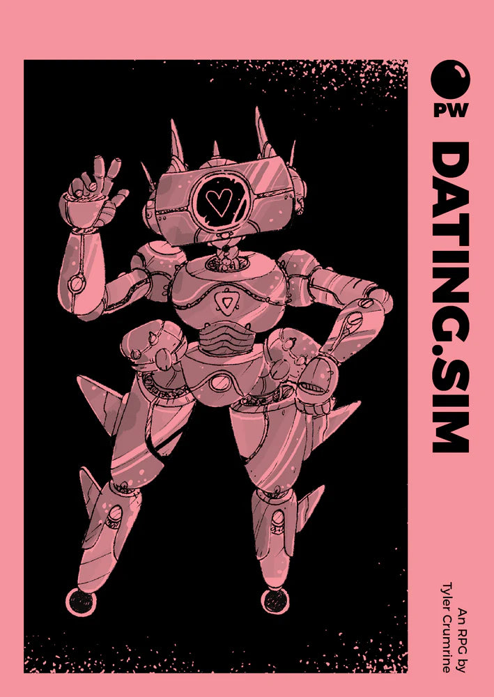 Dating.sim logo with a pink robot featuring a heart-shaped face, representing the romance roleplay game.