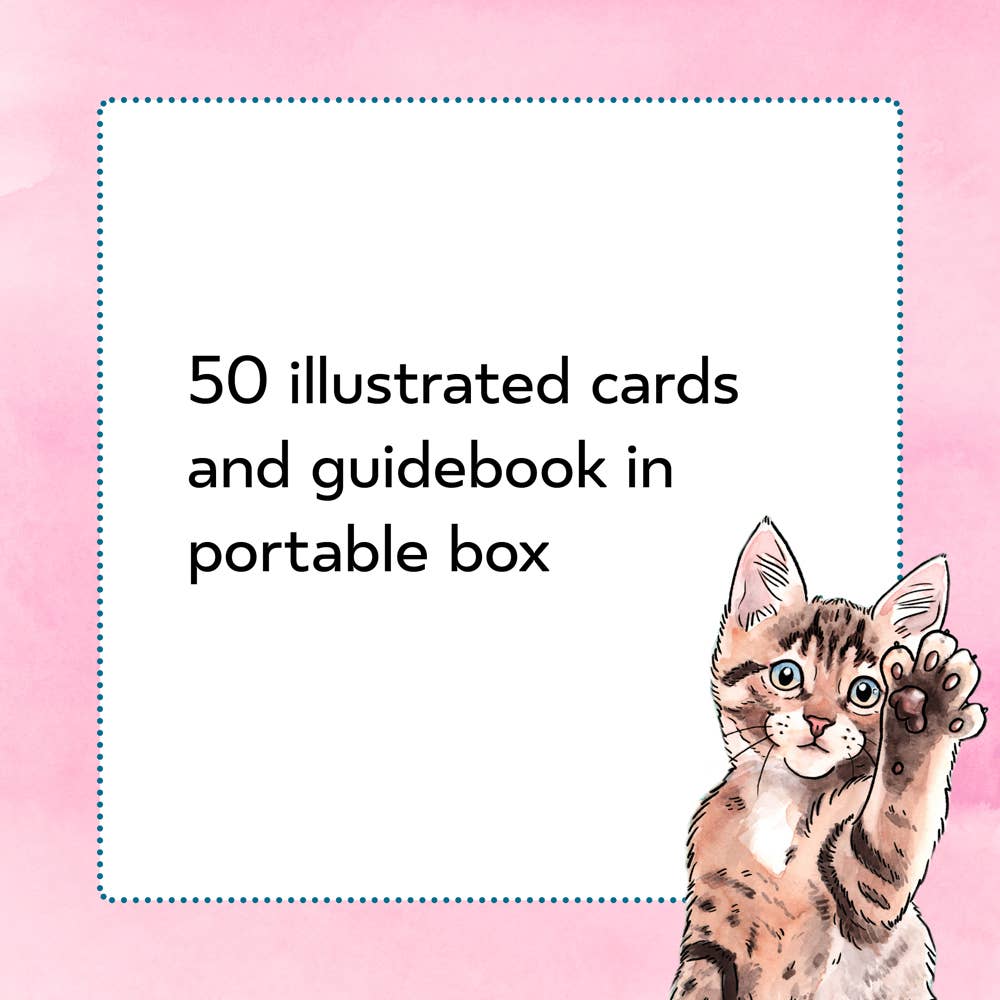 Kitten Oracle 50-card deck and guidebook packaged in a pink portable box.