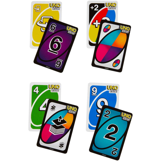 UNO Flip cards showing various numbers and special symbols.