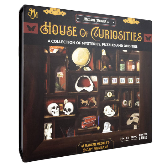 Madame Medoras House of Curiosities escape-room game box featuring shelves with skulls, oddities, and puzzles.
