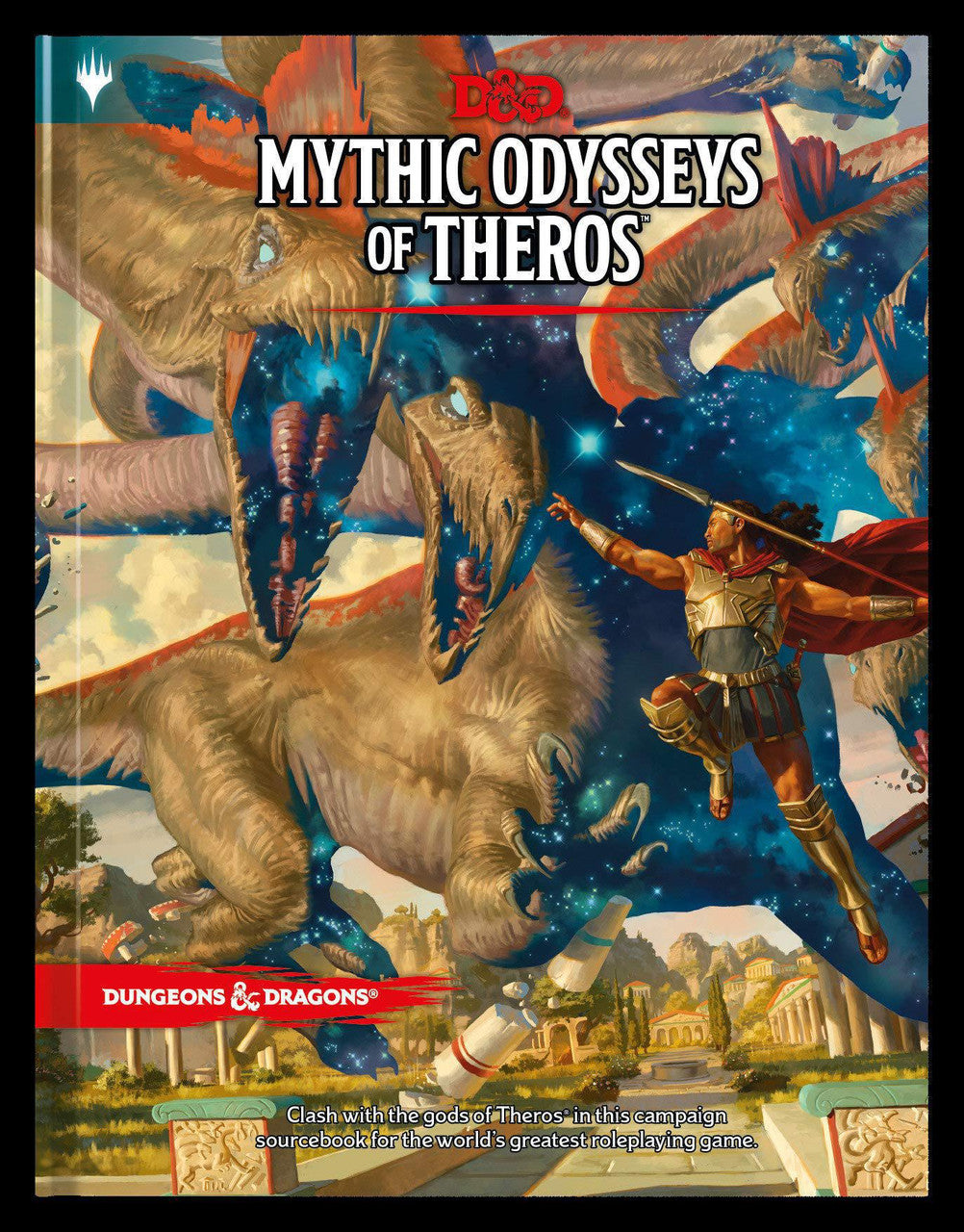 Dungeons & Dragons Mythic Odysseys of Theros campaign book cover featuring a warrior and three-headed dragon.
