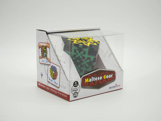 Mefferts Maltese Gear cube in a clear box, showing the colorful gear-patterned puzzle inside.