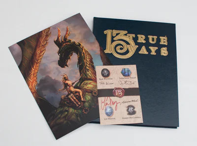 Fantasy dragon and rider art print, signed card, and 13th Age: 13 True Ways Limited Edition signed faux leather book.