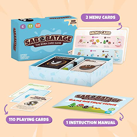 Sabobatage: The Boba Card Game (2nd Edition) with open box, cards, menu cards, and instructions displayed.