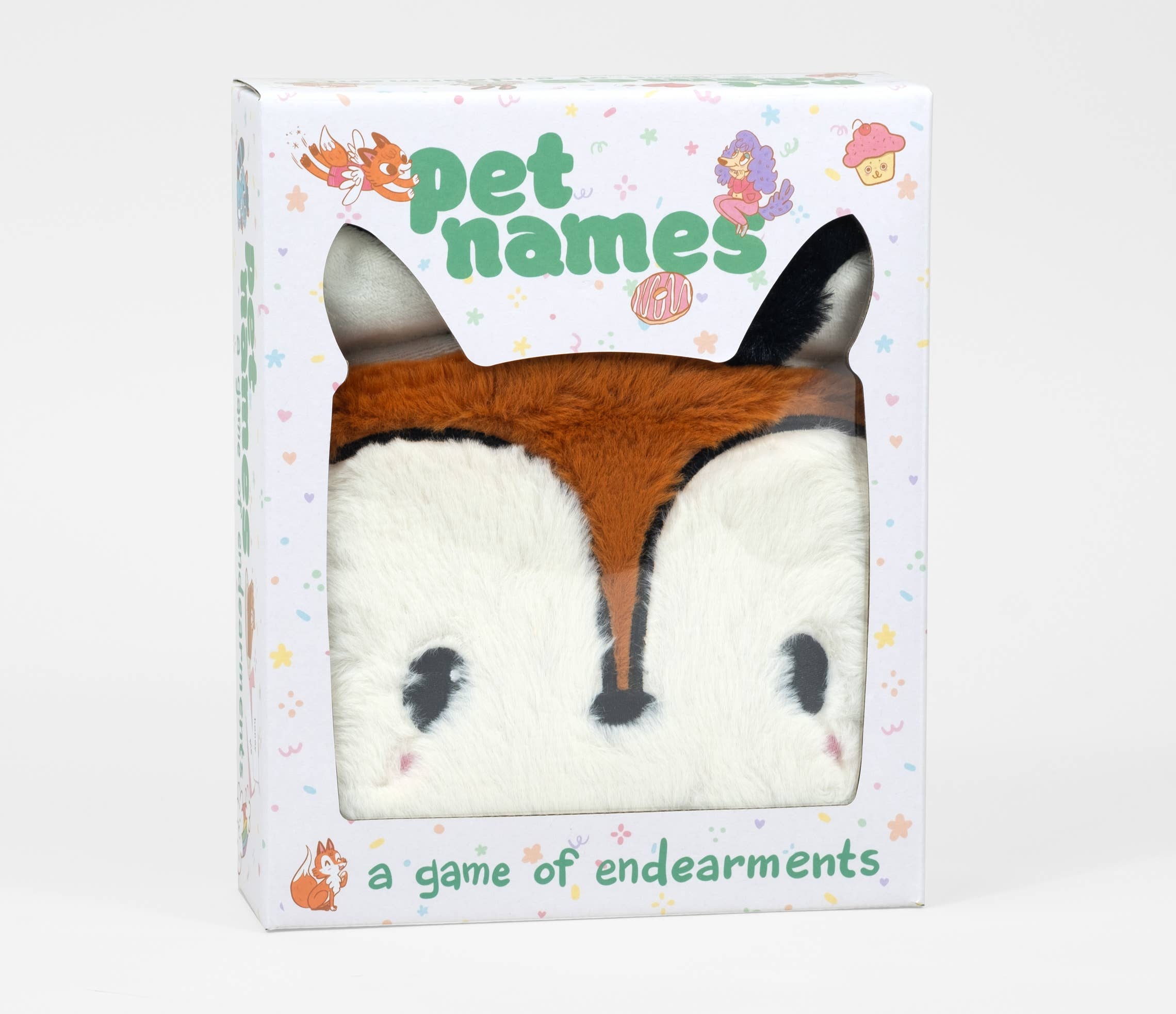 Pet Names: A Game of Endearments party game with plush fox theme and heart-and-animal design packaging.