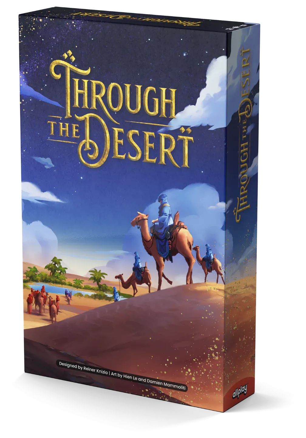 Through the Desert board game box featuring camel riders crossing dunes under a blue sky.