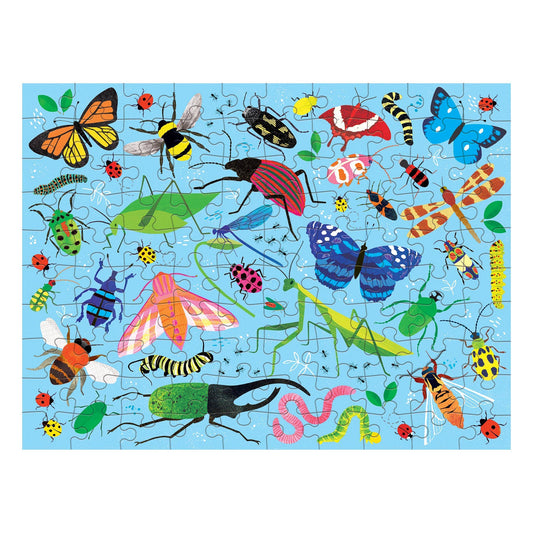 Bugs & Birds 100 Piece Double-Sided Puzzle with insects and butterflies on a blue background.