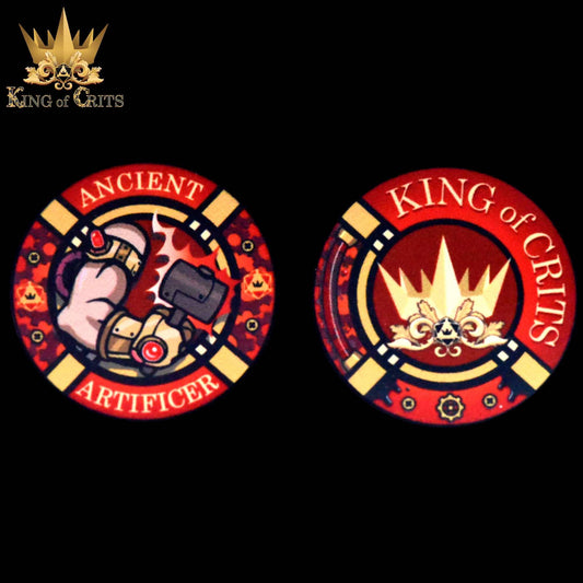 Two round tokens: “Ancient Artificer” with hammer icon and “King of Crits” with crown icon for Ancient Artificer dice set.
