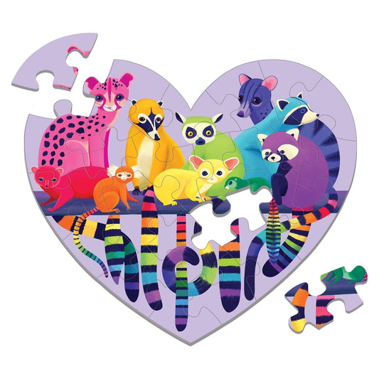 Love in the Wild 24 Piece Mini Puzzle, heart-shaped with colorful wild animals and a pink leopard.