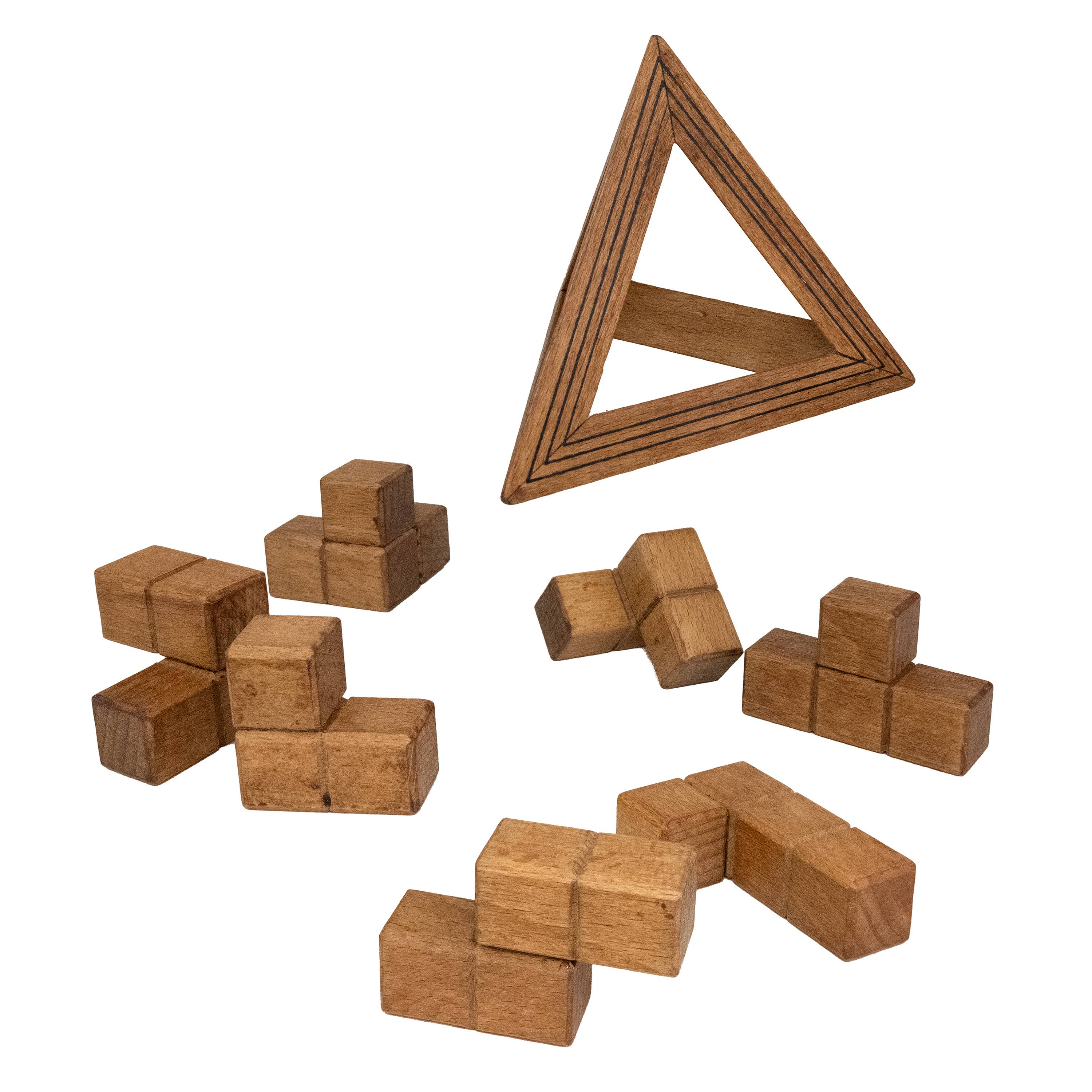 True Genius Egyptian Triglyph Puzzle with wooden triangular frame and brainteaser pieces on white background.