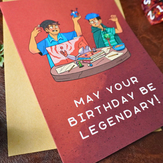 Handmade May Your Birthday Be Legendary card with two cartoon players on the front.