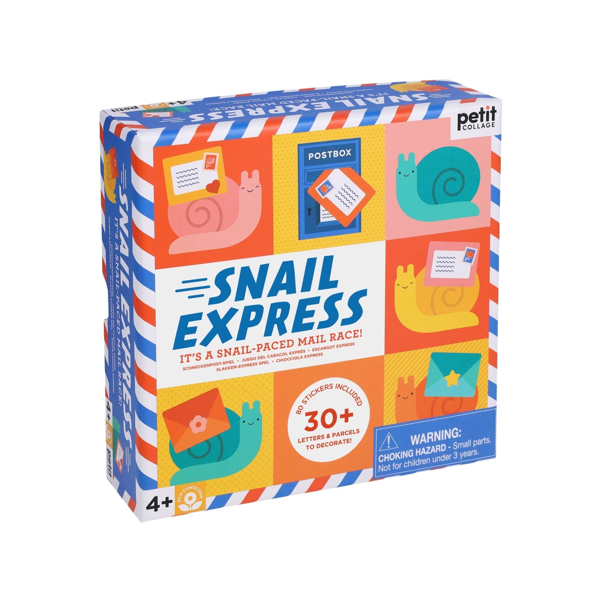 Snail Express board game with colorful snail pieces, envelopes, and components for ages 4 and up.