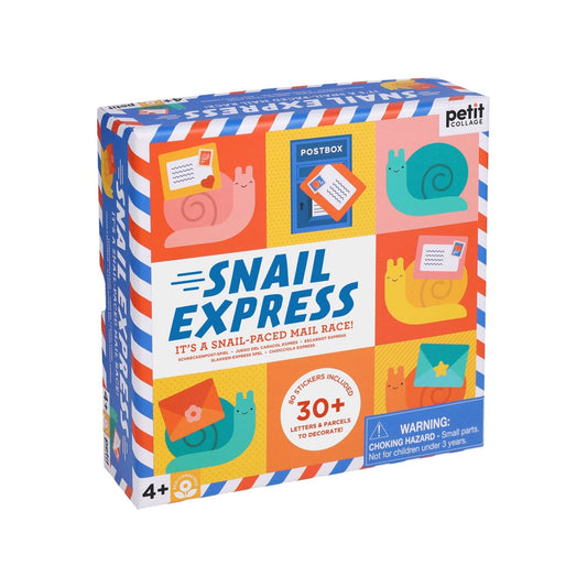 Snail Express board game with colorful snail pieces, envelopes, and components for ages 4 and up.