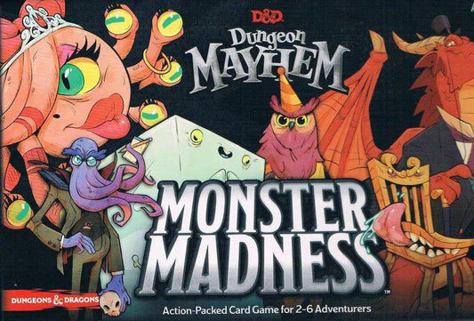 Dungeon Mayhem Monster Madness game with cartoon monsters around the title on a dark background.