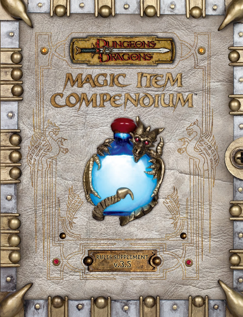 Dungeons & Dragons Magic Item Compendium 3.5 Edition cover with a dragon holding a blue potion.