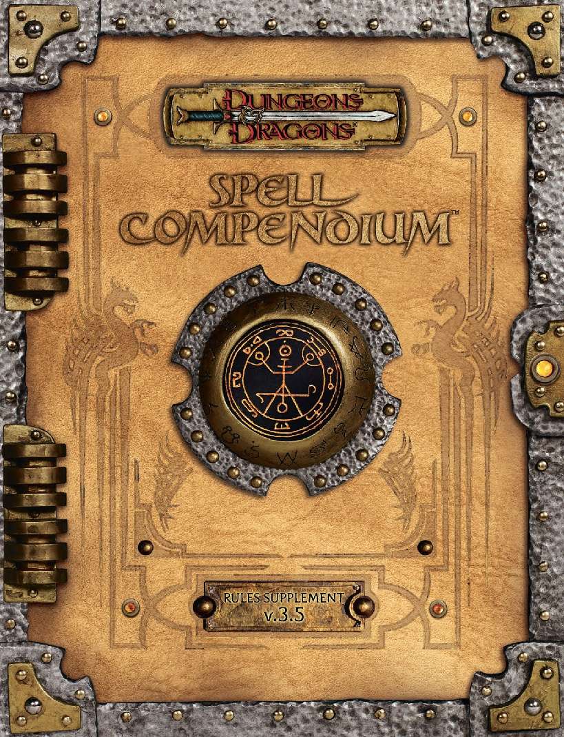 Dungeons & Dragons Spell Compendium 3.5 Edition cover featuring ornate designs, dragons, and a magical symbol.
